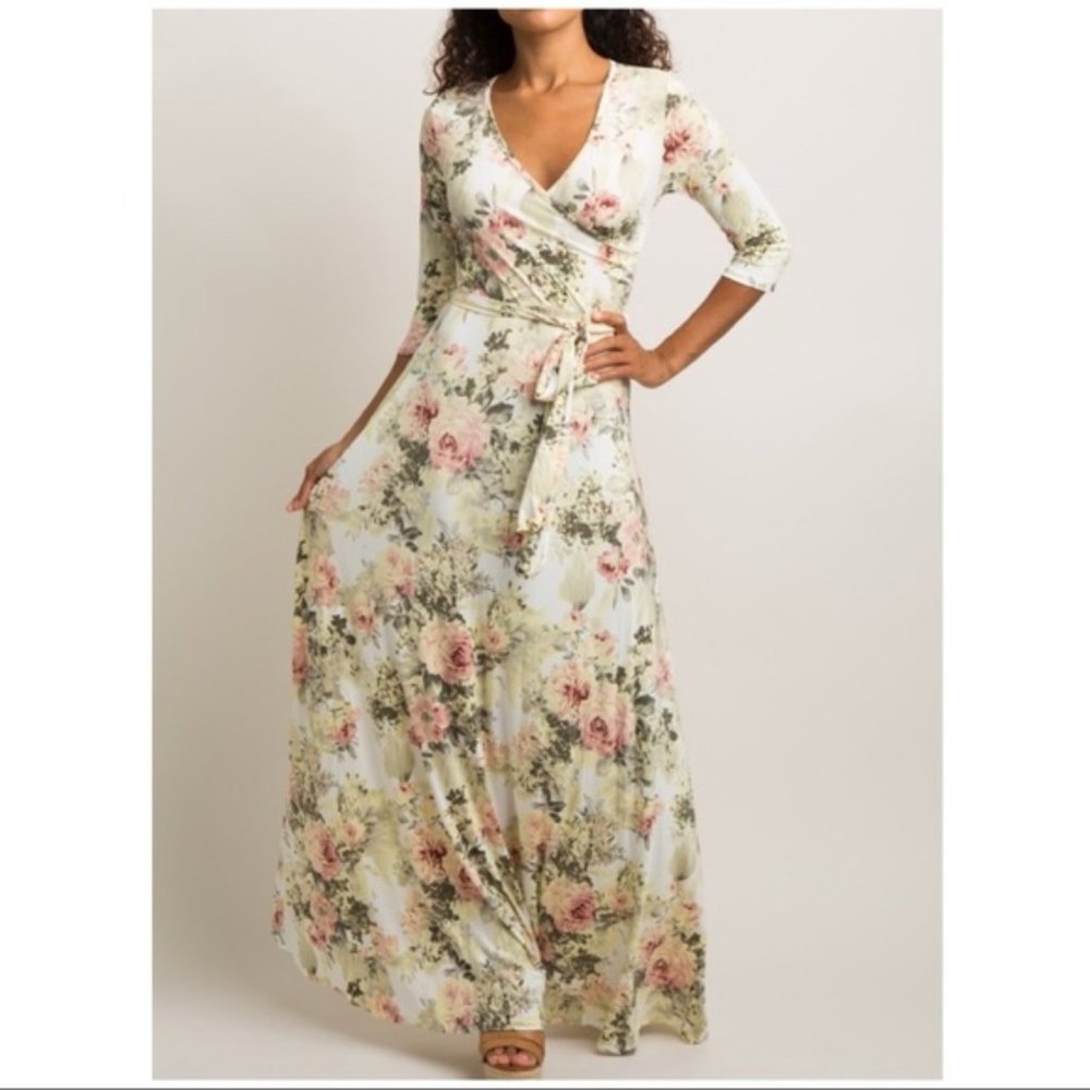 NWT - Pink Blush Maternity Ivory Floral Maternity Wrap Maxi Dress